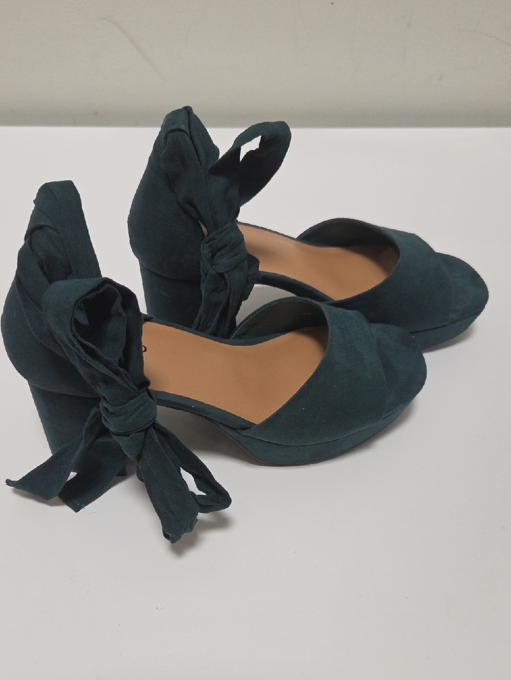 Women's Teal Suede Peep-Toe Block Heels with Ankle Ties